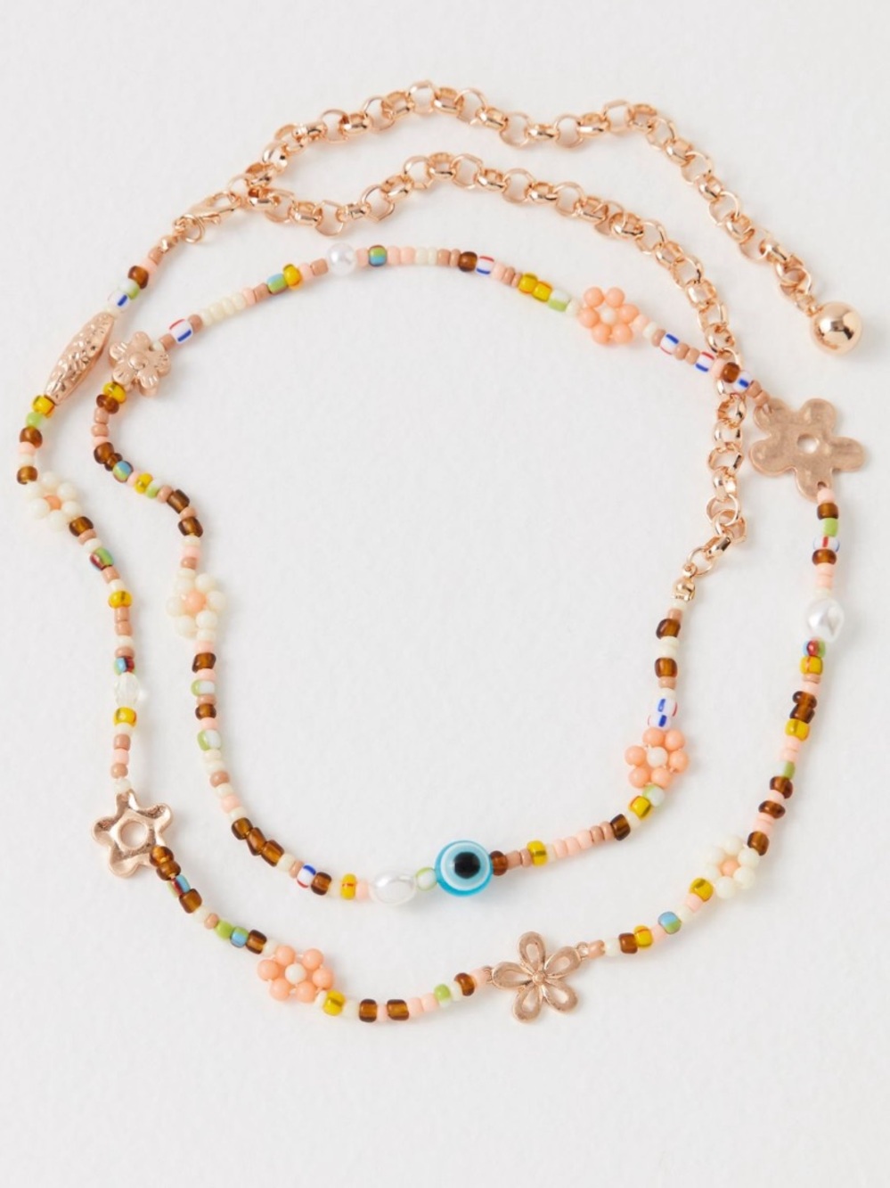 FREE PEOPLE Beaded Flower and Evil Eye Layered BELLY Chain Necklace Belt NWOT